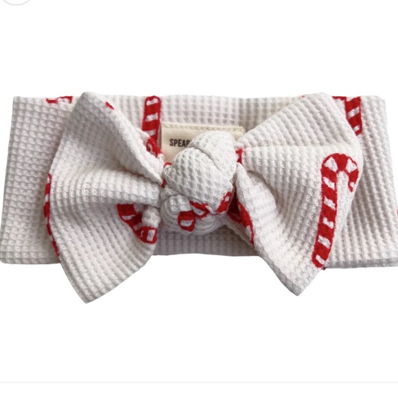 SpearmintLove Organic Waffle Ruffle Zip Footie and Matching Bow- Candy Cane - Picture 4 of 6